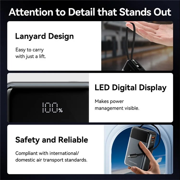 VENTION FHYB0 20000mAh Power Bank Built In Type C Cable 65W Fast Charging Digital Display Portable Charger