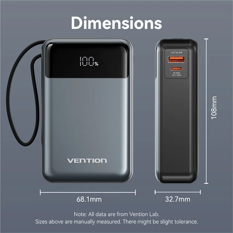 VENTION FHYB0 20000mAh Power Bank Built In Type C Cable 65W Fast Charging Digital Display Portable Charger