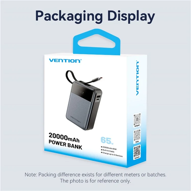 VENTION FHYB0 20000mAh Power Bank Built In Type C Cable 65W Fast Charging Digital Display Portable Charger