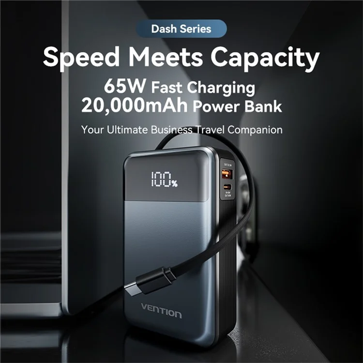 VENTION FHYB0 20000mAh Power Bank Built In Type C Cable 65W Fast Charging Digital Display Portable Charger