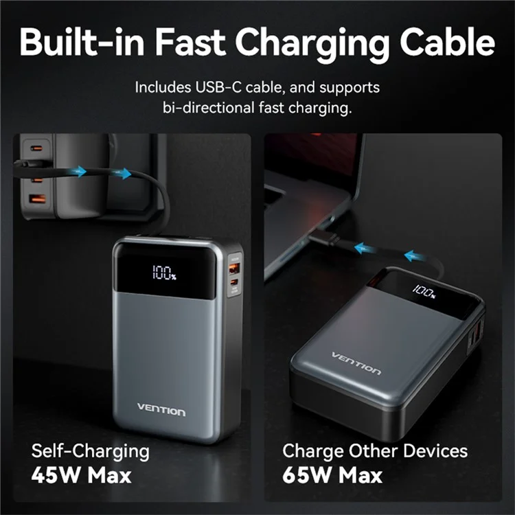 VENTION FHYB0 20000mAh Power Bank Built In Type C Cable 65W Fast Charging Digital Display Portable Charger