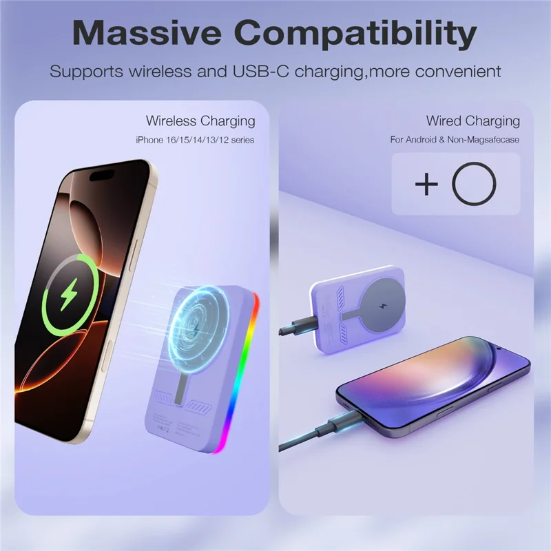 J01 5000mAh Magnetic Power Bank for iPhone 16 - 12 Series Portable Charger with Ring Light - Pink
