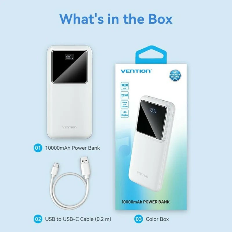 VENTION Serie FHK Power Bank Portatile da 10000mAh 22,5W con Display Digitale per Ricarica Telefono - Bianco