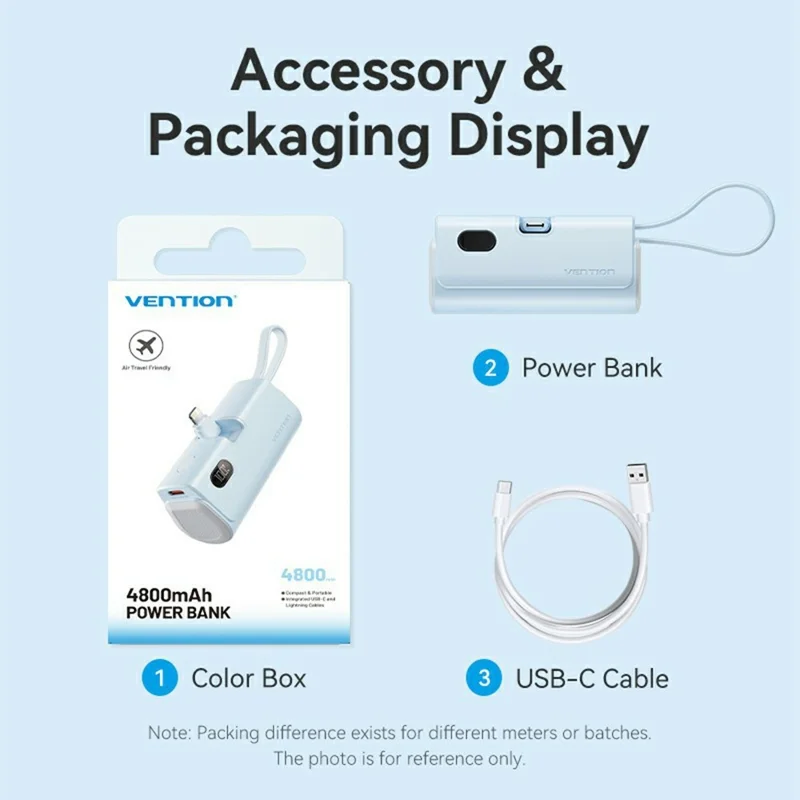 VENTION FHR Series 4800mAh Power Bank 22.5W Fast Charging Portable Charger with Foldable iP Plug and Type C Cable - White