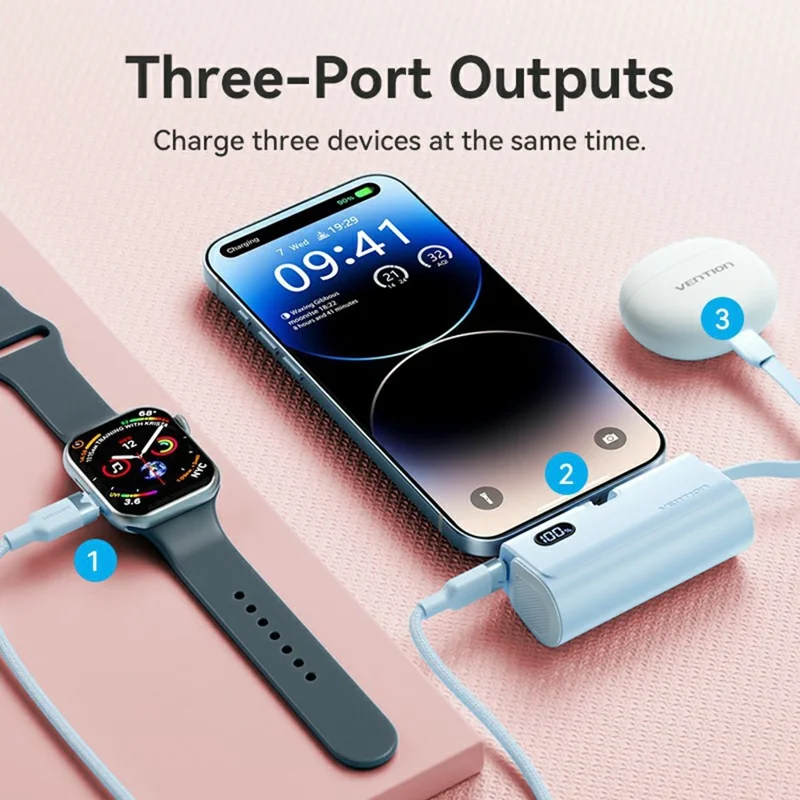 VENTION FHR Series 4800mAh Power Bank 22.5W Fast Charging Portable Charger with Foldable iP Plug and Type C Cable - White