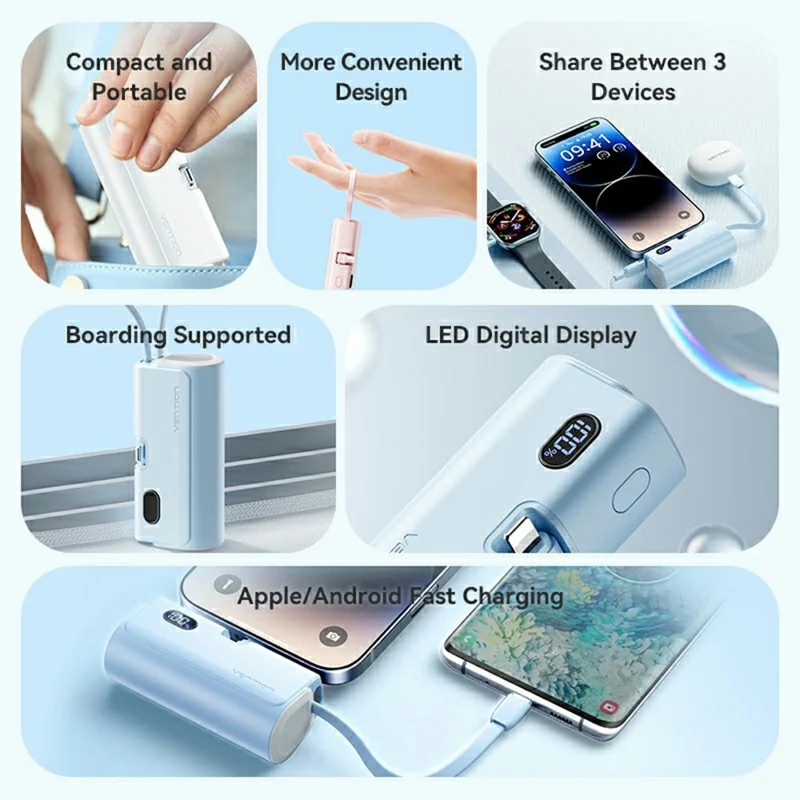 VENTION FHR Series 4800mAh Power Bank 22.5W Fast Charging Portable Charger with Foldable iP Plug and Type C Cable - Blue