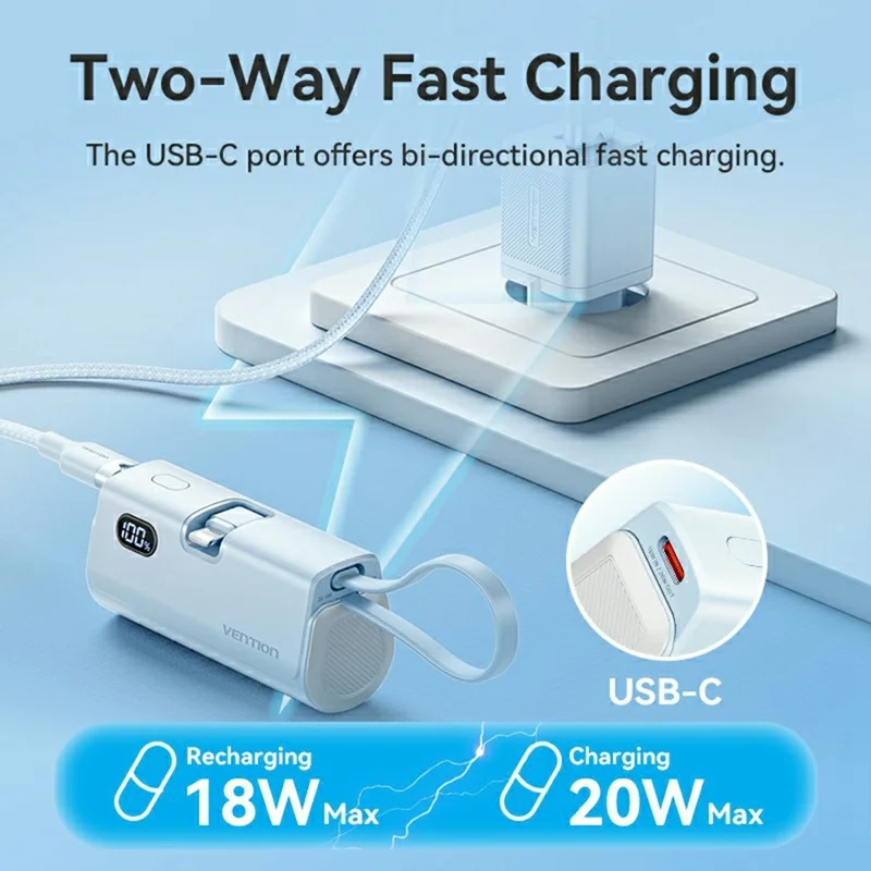 VENTION FHR Series 4800mAh Power Bank 22.5W Fast Charging Portable Charger with Foldable iP Plug and Type C Cable - Blue