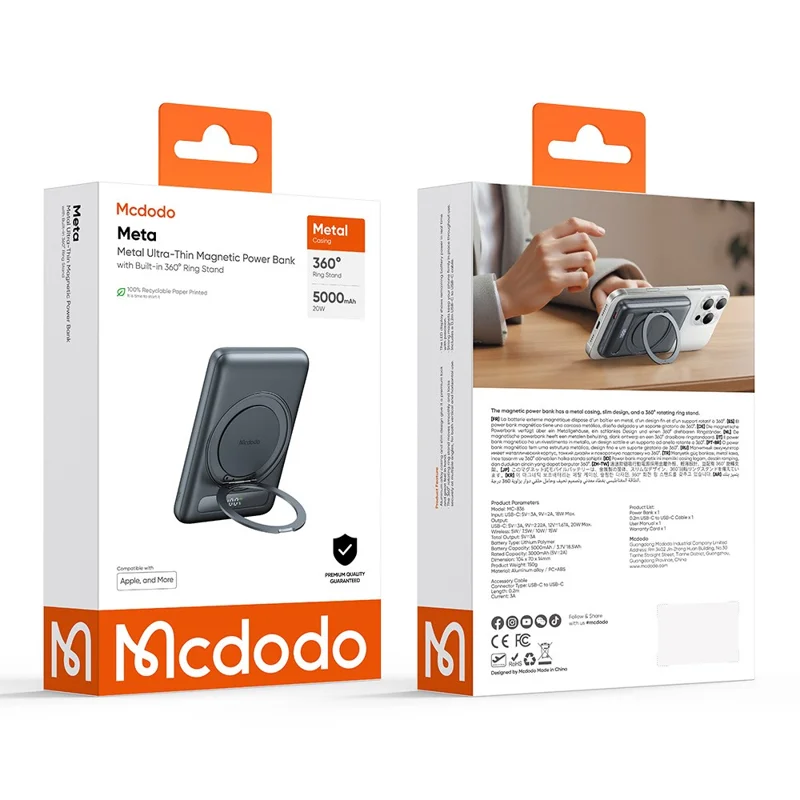 MCDODO MC-836 Power Bank Magnetico Sottile in Metallo da 5000mAh, Caricatore Wireless Portatile con Ricarica Rapida 20W