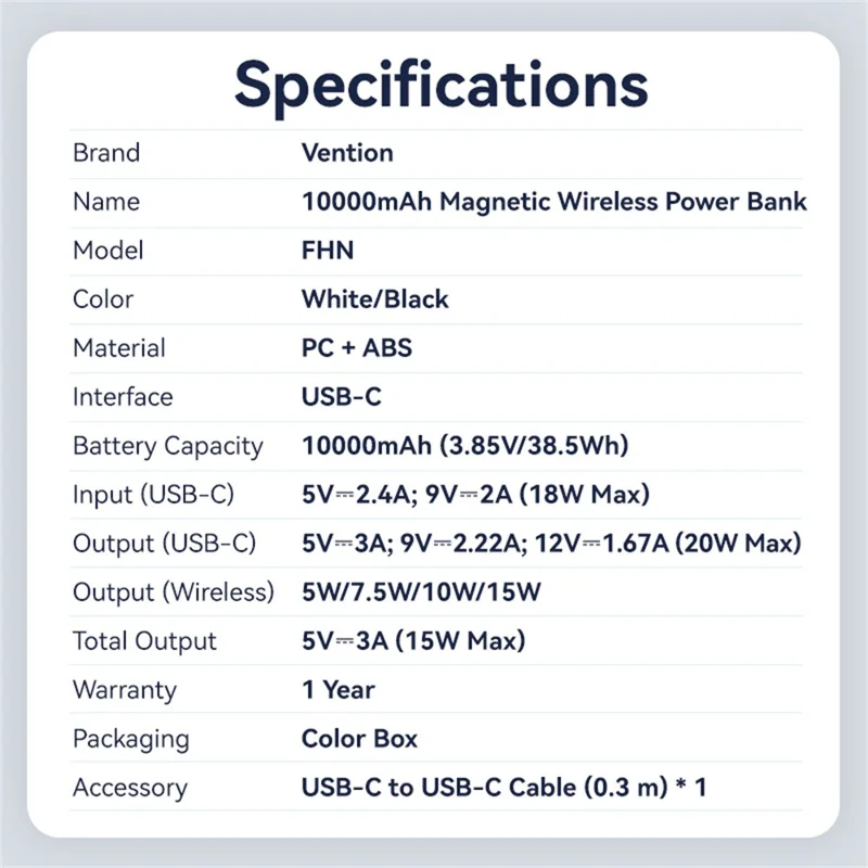 VENTION FHN Series 10000mAh Magnetic Wireless Charging Power Bank 20W Fast Charging Portable Charger - Black