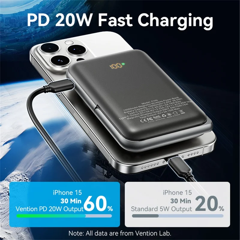 VENTION FHN Series 10000mAh Magnetic Wireless Charging Power Bank 20W Fast Charging Portable Charger - Black