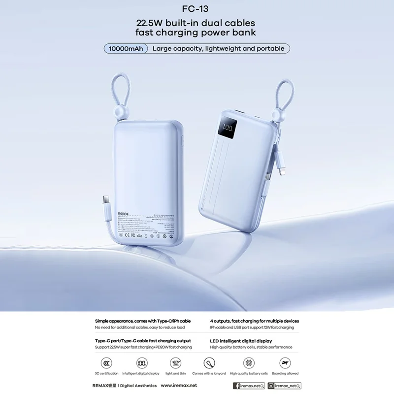 REMAX FC-13 Power Bank Portátil de 22,5W com 10000mAh e Cabos Type C + iP Integrados - Azul
