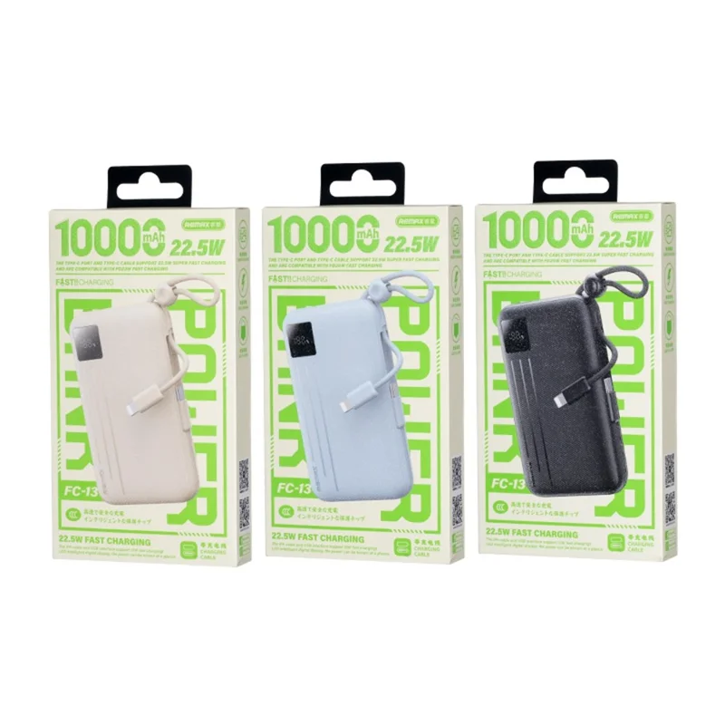 REMAX FC-13 Power Bank Portátil de 22,5W com 10000mAh e Cabos Type C + iP Integrados - Azul