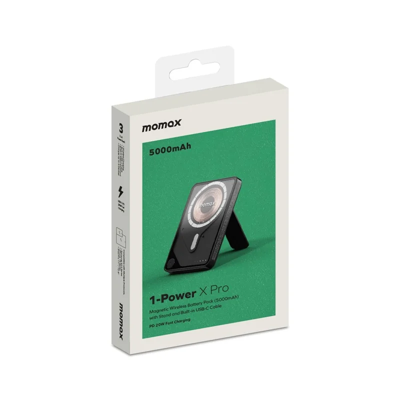 MOMAX 1-Power X Pro 3 in 1 5000mAh Magnetic Wireless Charging Power Bank Transparent Portable Charger with Built-In Cable - Black