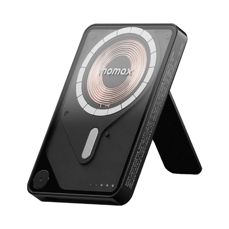 MOMAX 1-Power X Pro 3 in 1 5000mAh Magnetic Wireless Charging Power Bank Transparent Portable Charger with Built-In Cable - Black