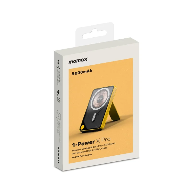 MOMAX 1-Power X Pro 3 in 1 5000mAh Magnetic Wireless Charging Power Bank Transparent Portable Charger with Built-in Cable - Yellow