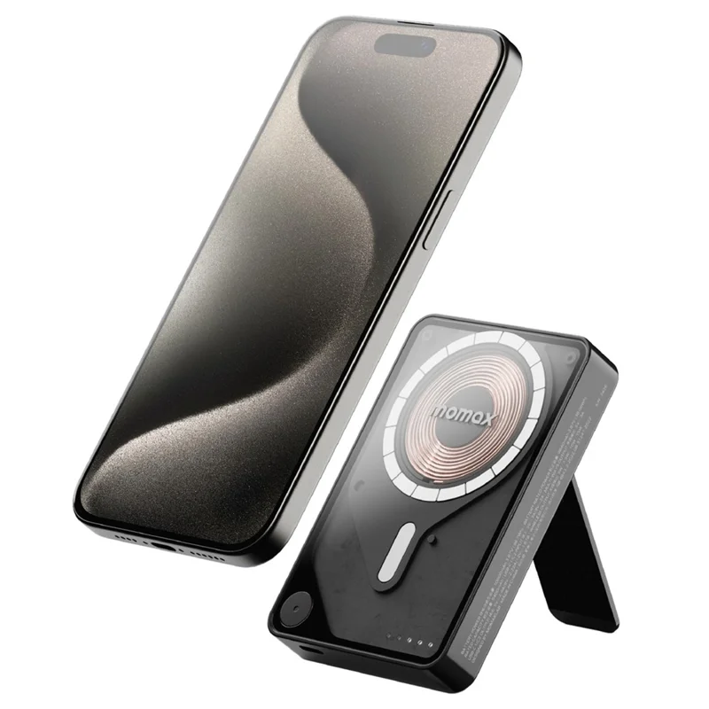 MOMAX 1-Power X Pro 3 in 1 10000mAh Magnetic Wireless Charging Power Bank Transparent Portable Charger with Built-In Cable - Black