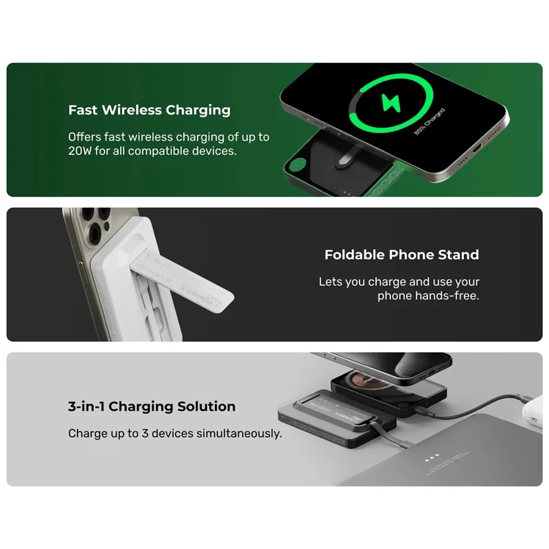 MOMAX 1-Power X Pro 3 in 1 10000mAh Magnetic Wireless Charging Power Bank Transparent Portable Charger with Built-In Cable - Black