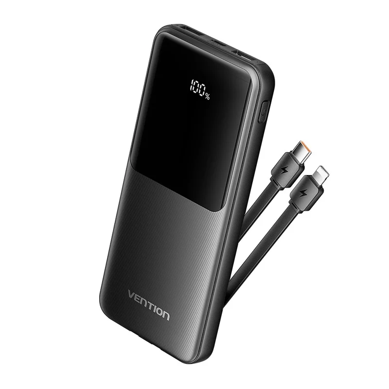 VENTION FHO Series Power Bank 10000mAh 22.5W Digital Display Phone Charger with Built-in USB-C + 8Pin Cable - Black