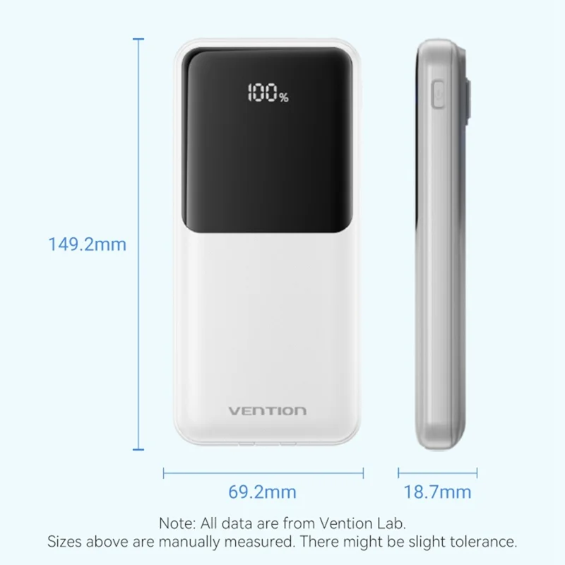 VENTION FHO Series Power Bank 10000mAh 22.5W Digital Display Phone Charger with Built-in USB-C + 8Pin Cable - Black