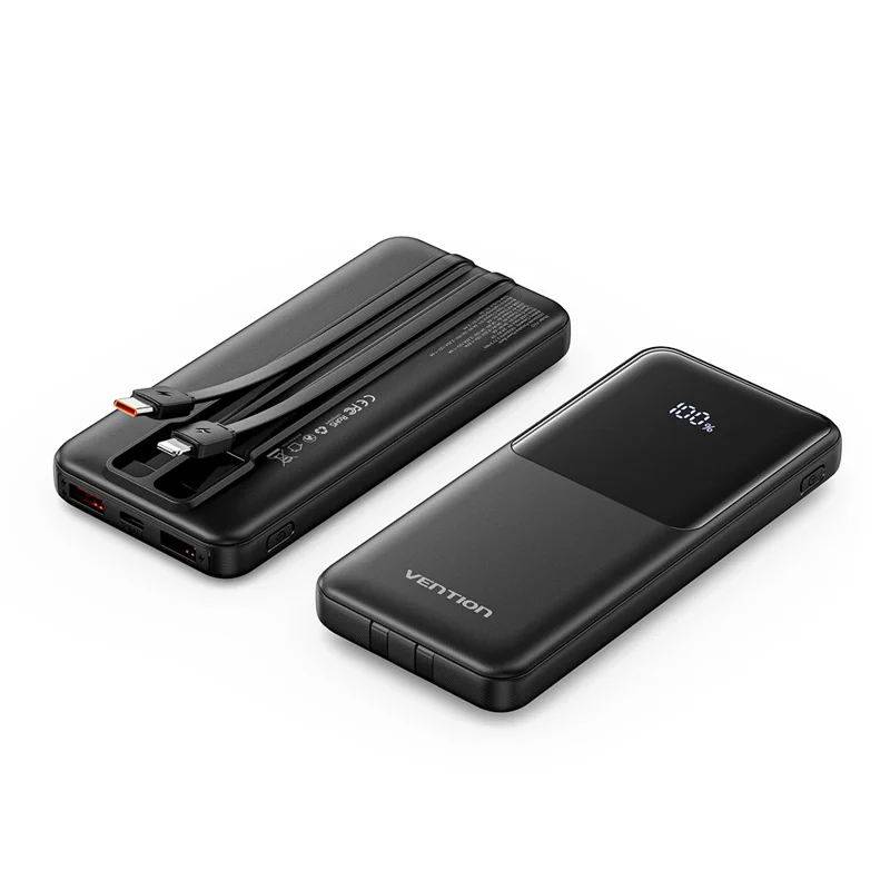 VENTION FHO Series Power Bank 10000mAh 22.5W Digital Display Phone Charger with Built-in USB-C + 8Pin Cable - Black