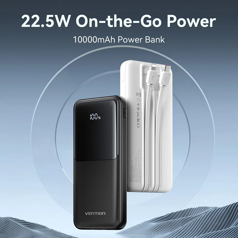 VENTION FHO Series Power Bank 10000mAh 22.5W Digital Display Phone Charger with Built-in USB-C + 8Pin Cable - Black