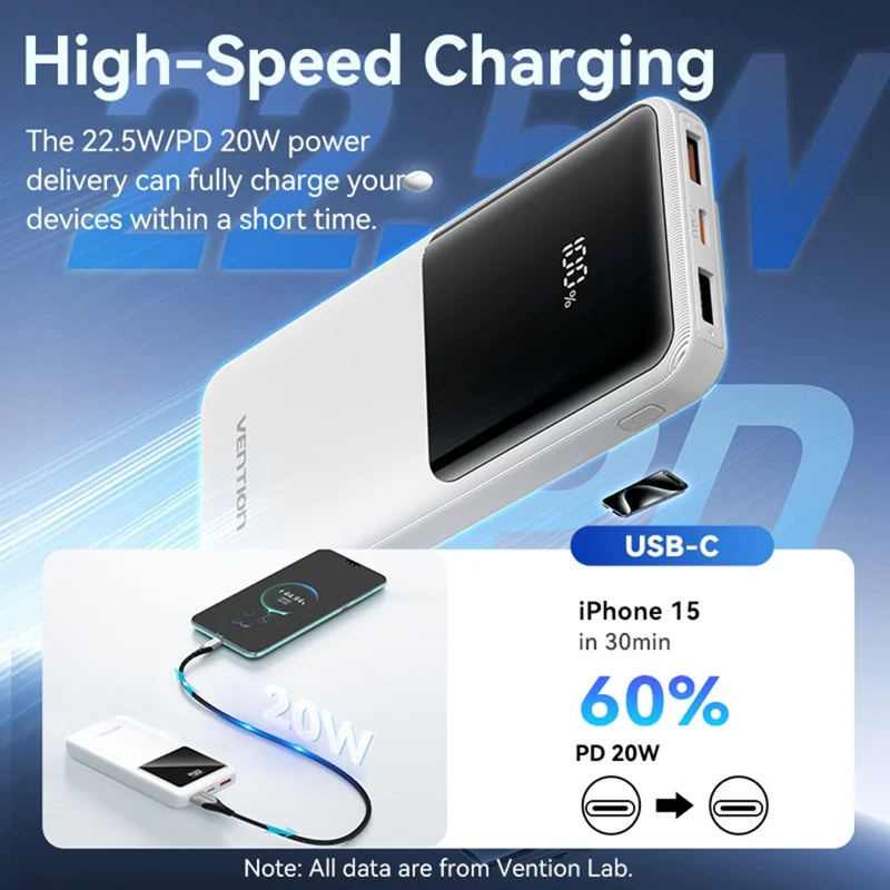 VENTION FHO Series Power Bank 10000mAh 22.5W Digital Display Phone Charger with Built-in USB-C + 8Pin Cable - Black