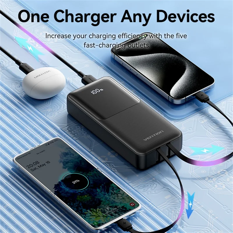 VENTION FHP Serie 20000mAh Powerbank mit integriertem Type-C / iP Kabel, 22,5W Schnellladung Akku-Pack - Weiß