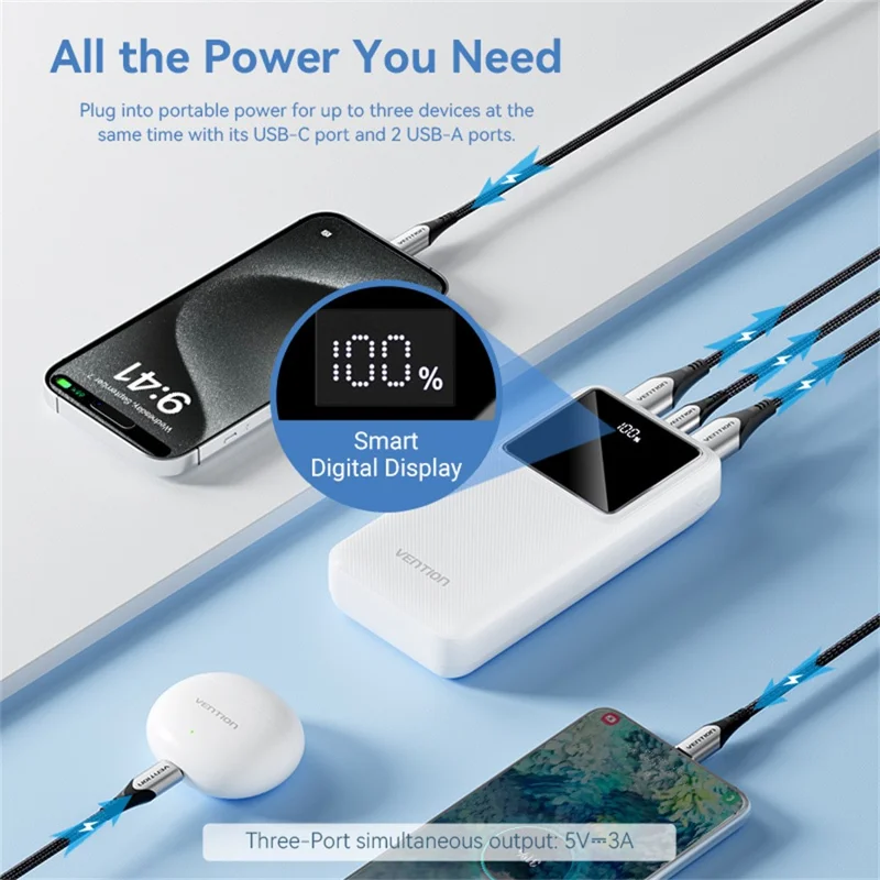 VENTION FHL Serie 20000mAh Powerbank 22,5W mit digitaler Anzeige für Smartphone und Tablet - Schwarz