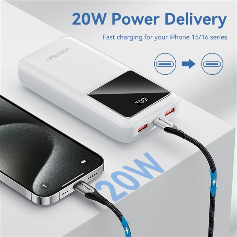 VENTION FHL Serie 20000mAh Powerbank 22,5W mit digitaler Anzeige für Smartphone und Tablet - Schwarz
