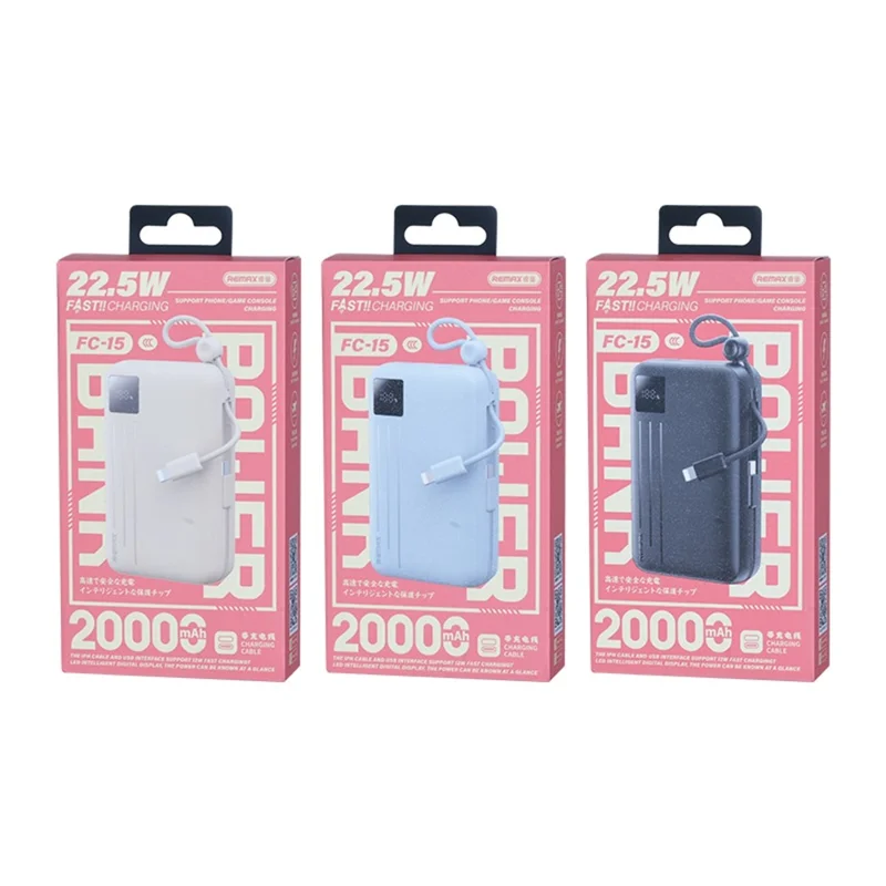 REMAX FC-15 Powerbank 20000mAh 22,5W Schnellladung Tragbares Ladegerät mit integrierten Kabeln - Beige