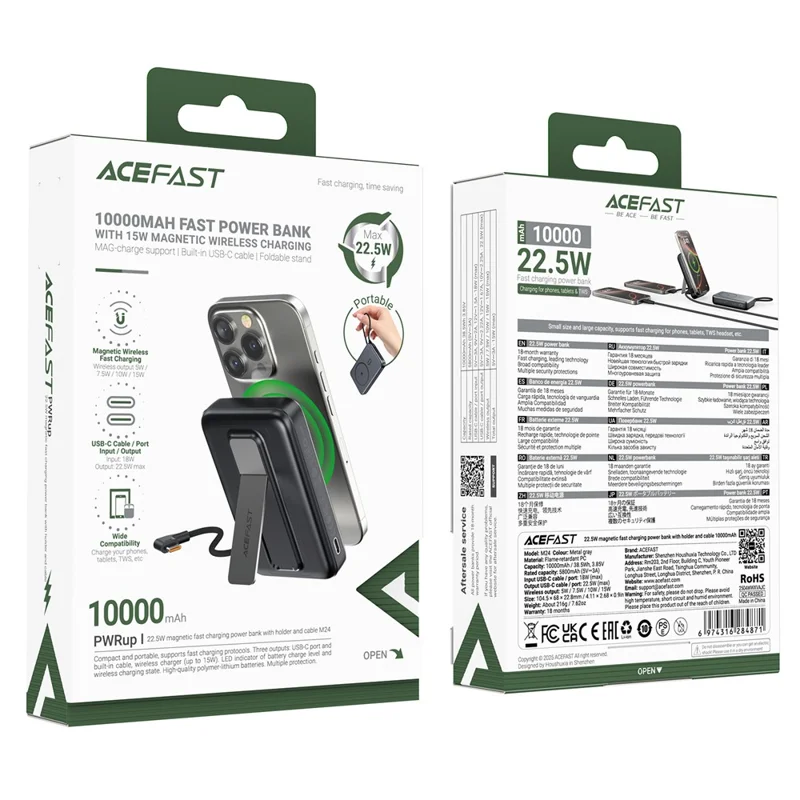 ACEFAST M24 Banco de energía magnético de 22,5W con soporte integrado / Cable de 10000 mAh