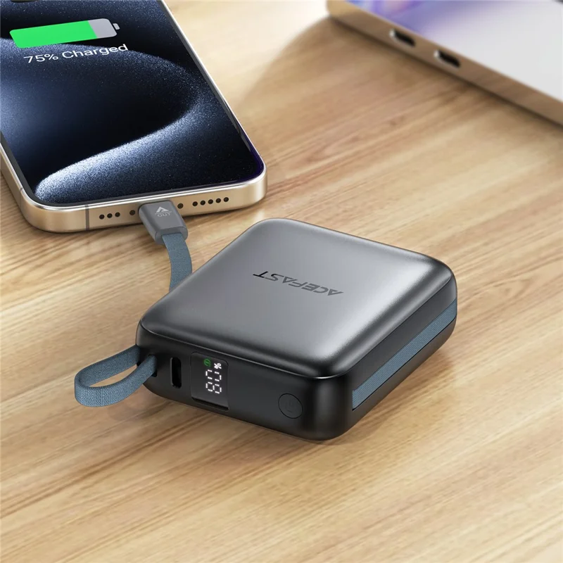 ACEFAST M23 Powerbank 10000mAh mit integrierten Dual-Kabeln, 22,5W Schnellladung, tragbares Ladegerät - Anthrazit