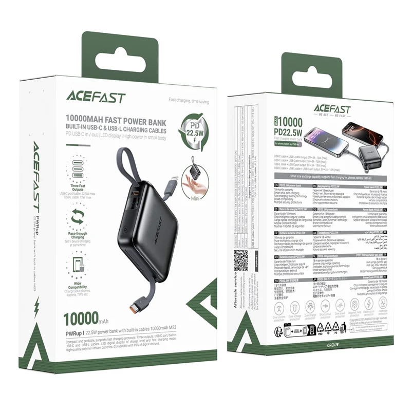 ACEFAST M23 Powerbank 10000mAh mit integrierten Dual-Kabeln, 22,5W Schnellladung, tragbares Ladegerät - Anthrazit