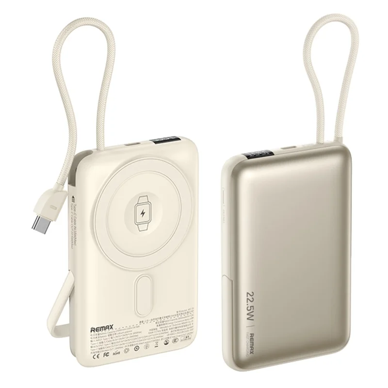 REMAX MC-01 Powerbank 3 en 1 de 10000mAh con Soporte Plegable, Cargador Inalámbrico Magnético de 15W / 22,5W con Cable Integrado - Beige