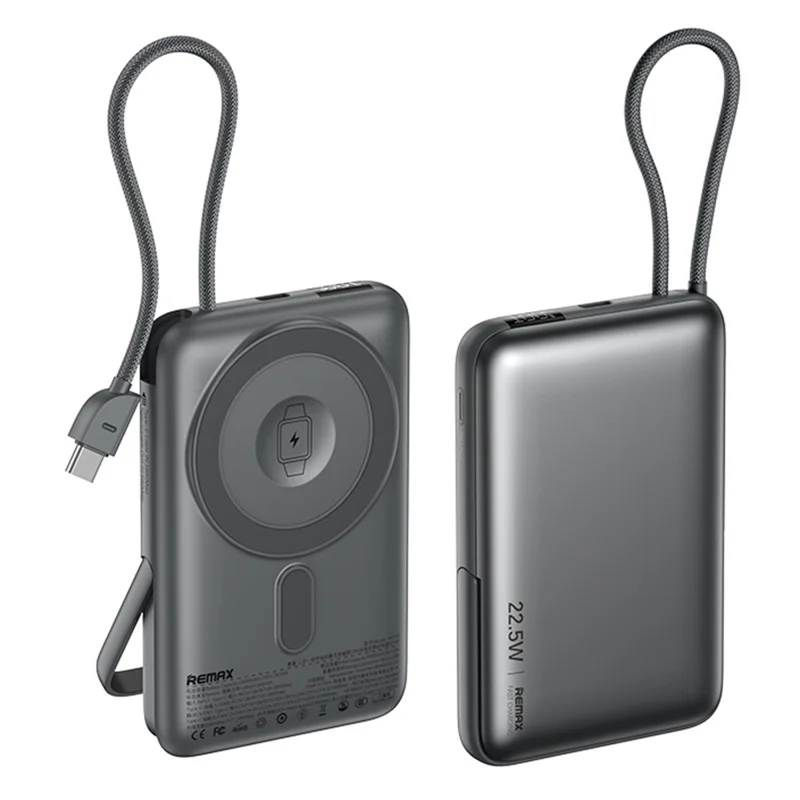 REMAX MC-01 Power Bank 3 em 1 de 10000mAh com Suporte Dobrável, Carregador Magnético Wireless de 15W / 22,5W com Cabo Integrado - Cinza