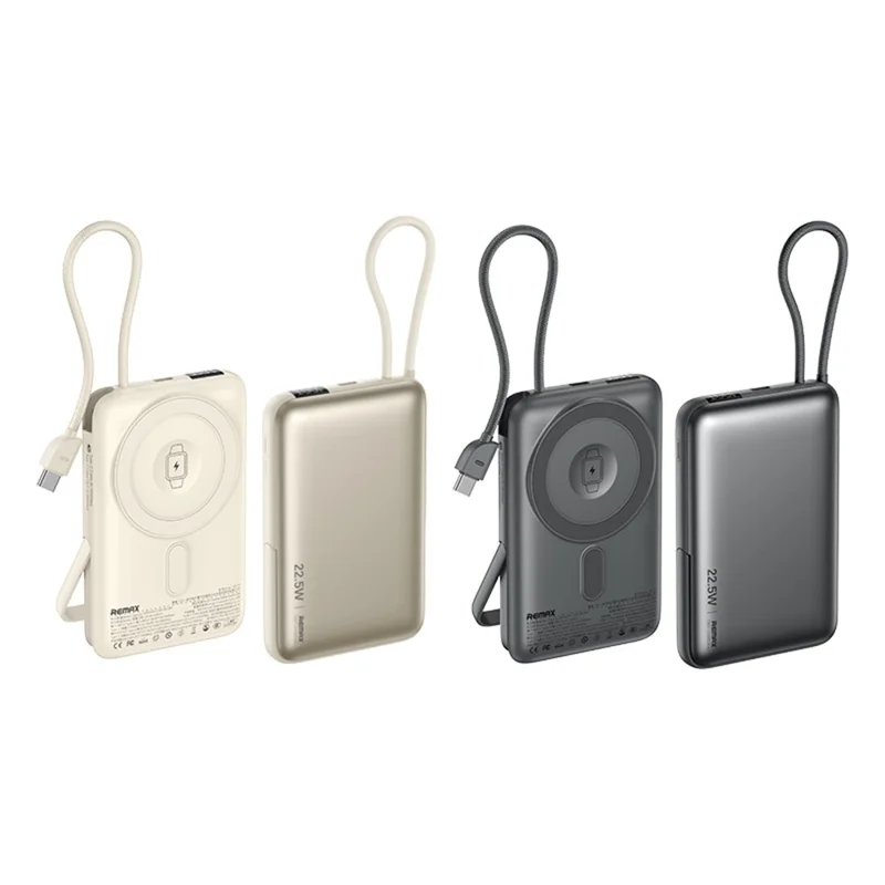 REMAX MC-01 Power Bank 3 em 1 de 10000mAh com Suporte Dobrável, Carregador Magnético Wireless de 15W / 22,5W com Cabo Integrado - Cinza