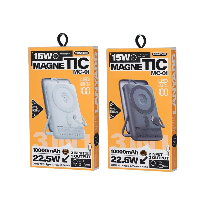 REMAX MC-01 Power Bank 3 em 1 de 10000mAh com Suporte Dobrável, Carregador Magnético Wireless de 15W / 22,5W com Cabo Integrado - Cinza