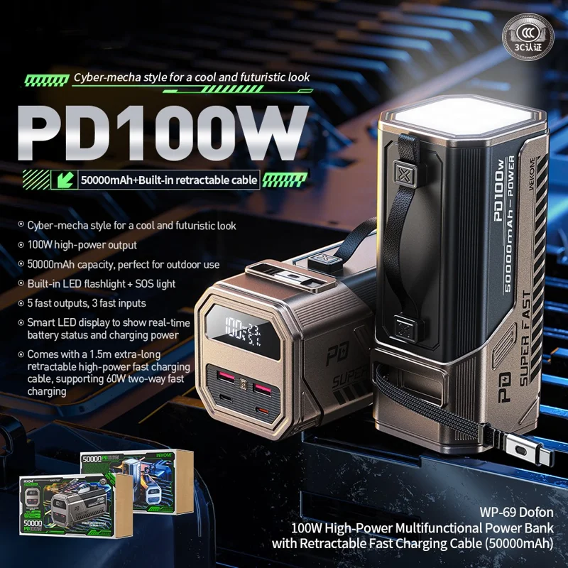 WEKOME WP-69 Dofon Powerbank de 100W de Alta Potência Multifuncional de 50000mAh com Cabo de Carregamento Retrátil