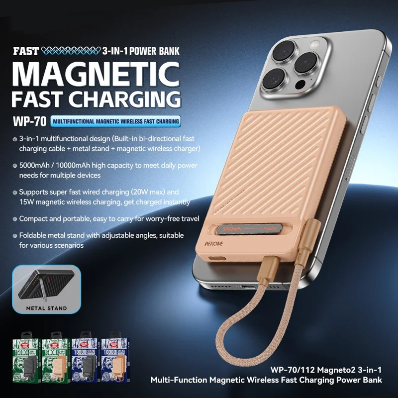 WEKOME WP-70 Magnetic Wireless Power Bank 10000mAh Fast Charging Foldable Stand Portable Charger - Pink