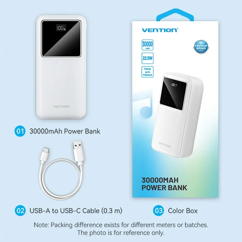 VENTION FHM Series Power Bank portatile da 30000mAh, ricarica rapida 22,5W con uscita Type C + doppia USB - Nero