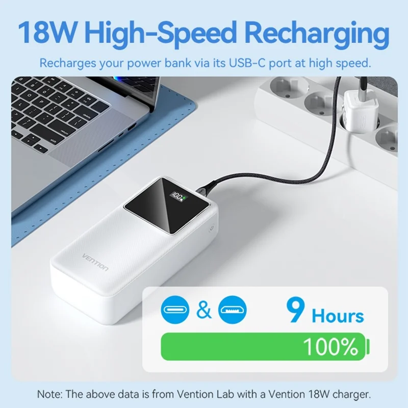 VENTION FHM Series Power Bank portatile da 30000mAh, ricarica rapida 22,5W con uscita Type C + doppia USB - Nero