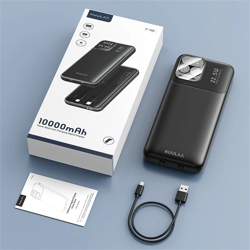 KUULAA KL-P100 Power Bank de 10000 mAh con Carga Rápida de 22,5W, Batería Portátil con Cables Integrados Tipo C + iP