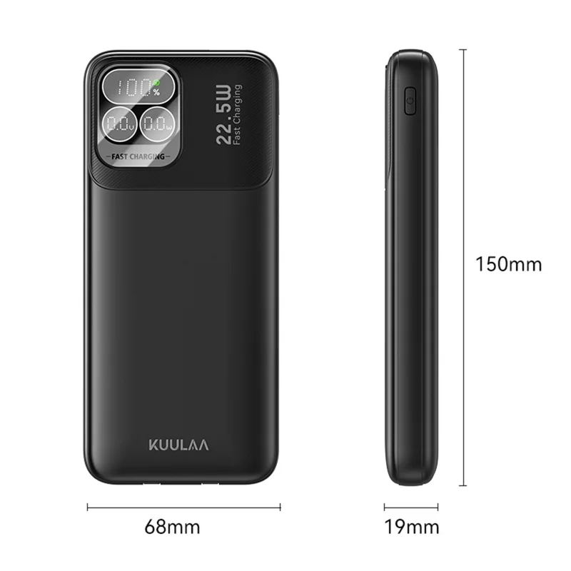 KUULAA KL-P100 Power Bank de 10000 mAh con Carga Rápida de 22,5W, Batería Portátil con Cables Integrados Tipo C + iP