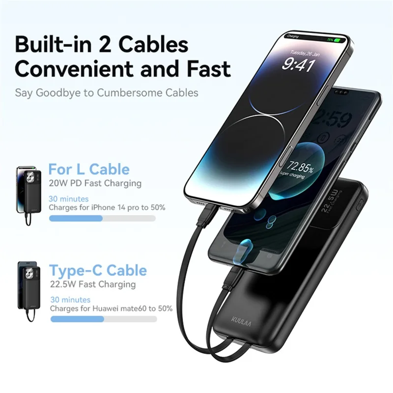 KUULAA KL-P100 Power Bank de 10000 mAh con Carga Rápida de 22,5W, Batería Portátil con Cables Integrados Tipo C + iP