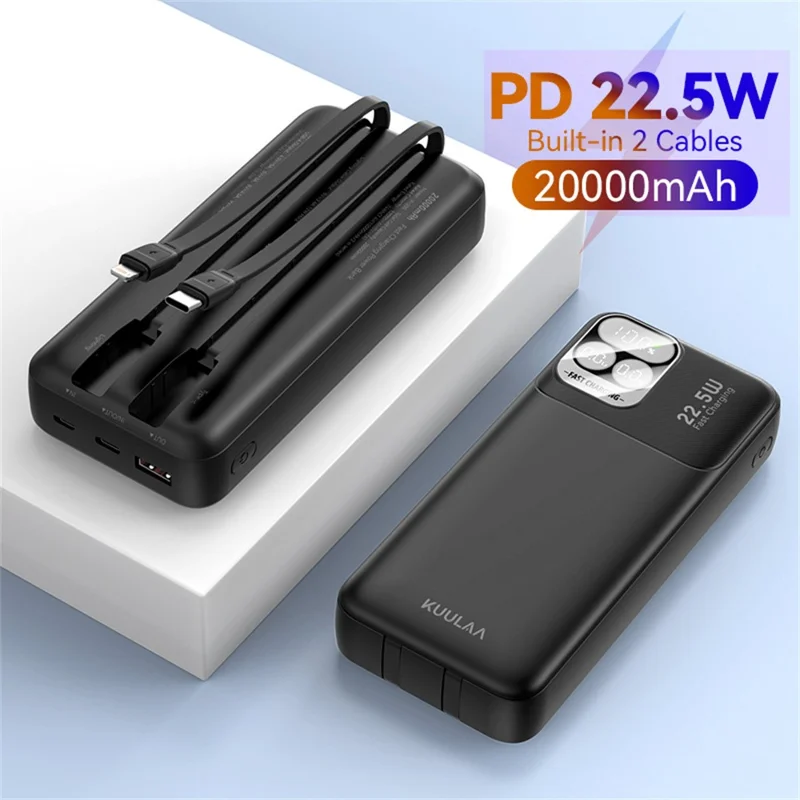 KUULAA KL-P200 Batería externa de 20000mAh, carga rápida de 22,5W, cargador portátil con cables Type C e iP integrados