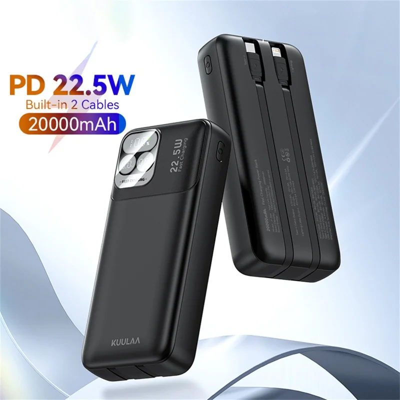KUULAA KL-P200 Batería externa de 20000mAh, carga rápida de 22,5W, cargador portátil con cables Type C e iP integrados