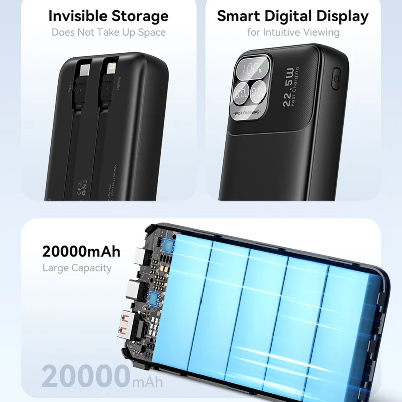 KUULAA KL-P200 Batería externa de 20000mAh, carga rápida de 22,5W, cargador portátil con cables Type C e iP integrados