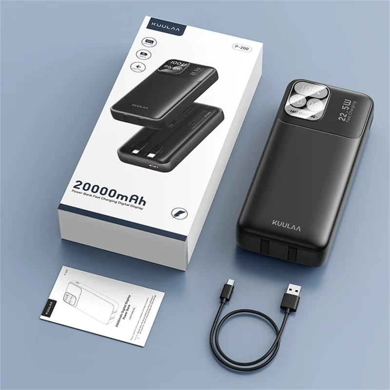 KUULAA KL-P200 Batería externa de 20000mAh, carga rápida de 22,5W, cargador portátil con cables Type C e iP integrados