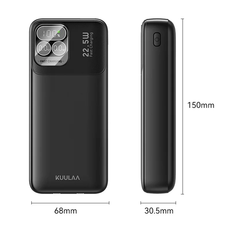 KUULAA KL-P200 Batería externa de 20000mAh, carga rápida de 22,5W, cargador portátil con cables Type C e iP integrados