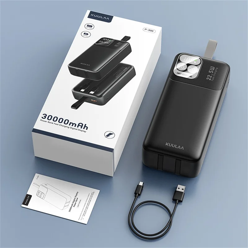 KUULAA KL-P300 Power Bank da 30000mAh con Ricarica Veloce 22.5W Caricabatterie Portatile con Cavi Type C + iP Integrati